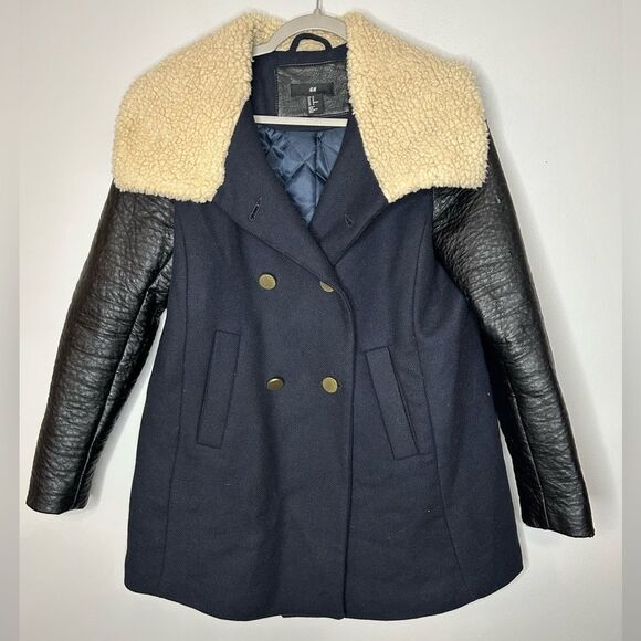 H&M Faux Leather Sleeve Faux Shearling Collar Coat - Picture 4 of 10